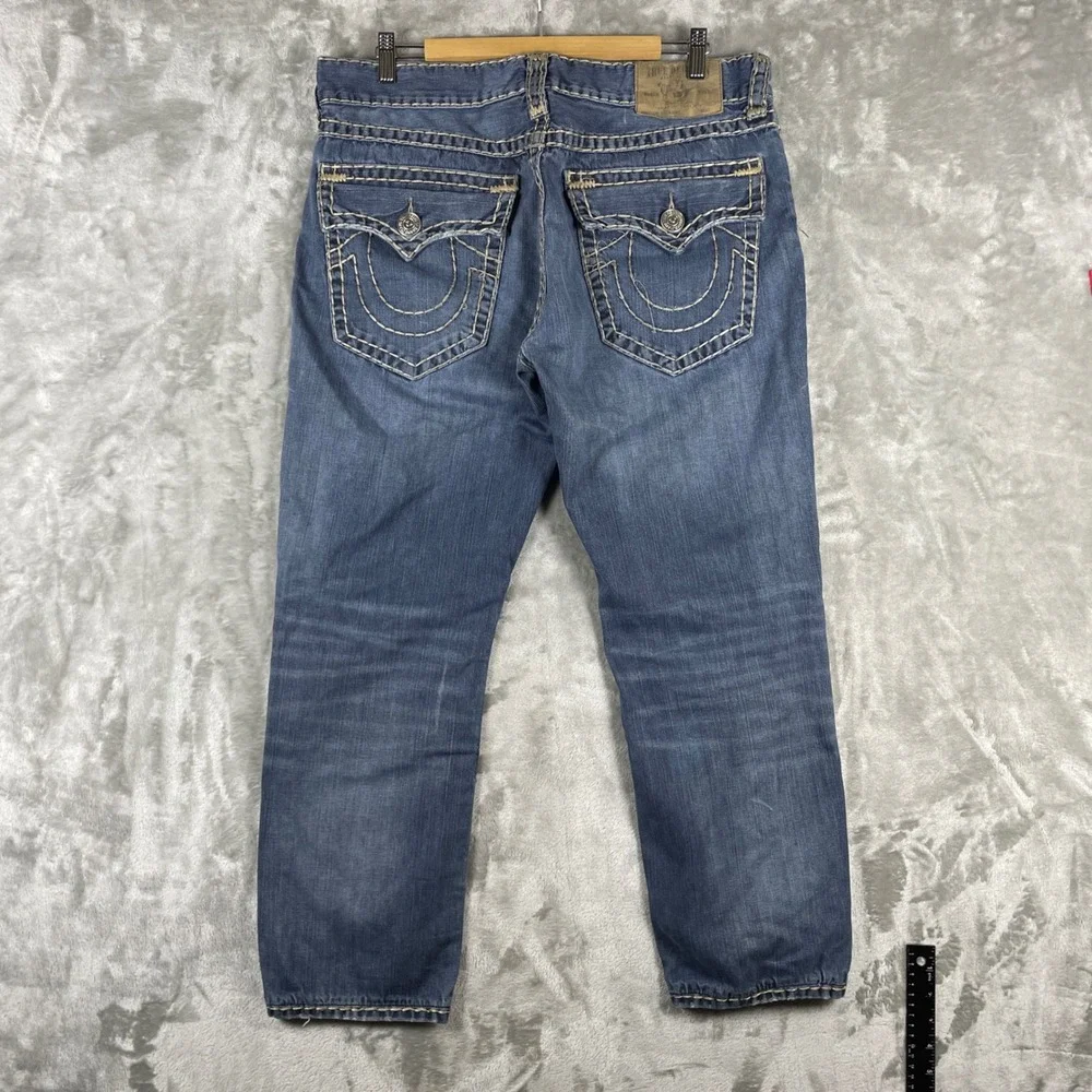 True Religion Straight Jeans Mens 36 Blue Pre-owned Thick Stitch Flap